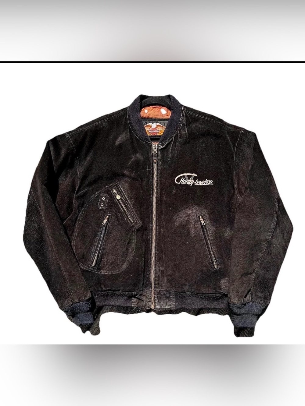 Vintage Harley Davidson Men’s Sz L Black,Suede&Leather Bomber Jacket VTwin power - Picture 4 of 6